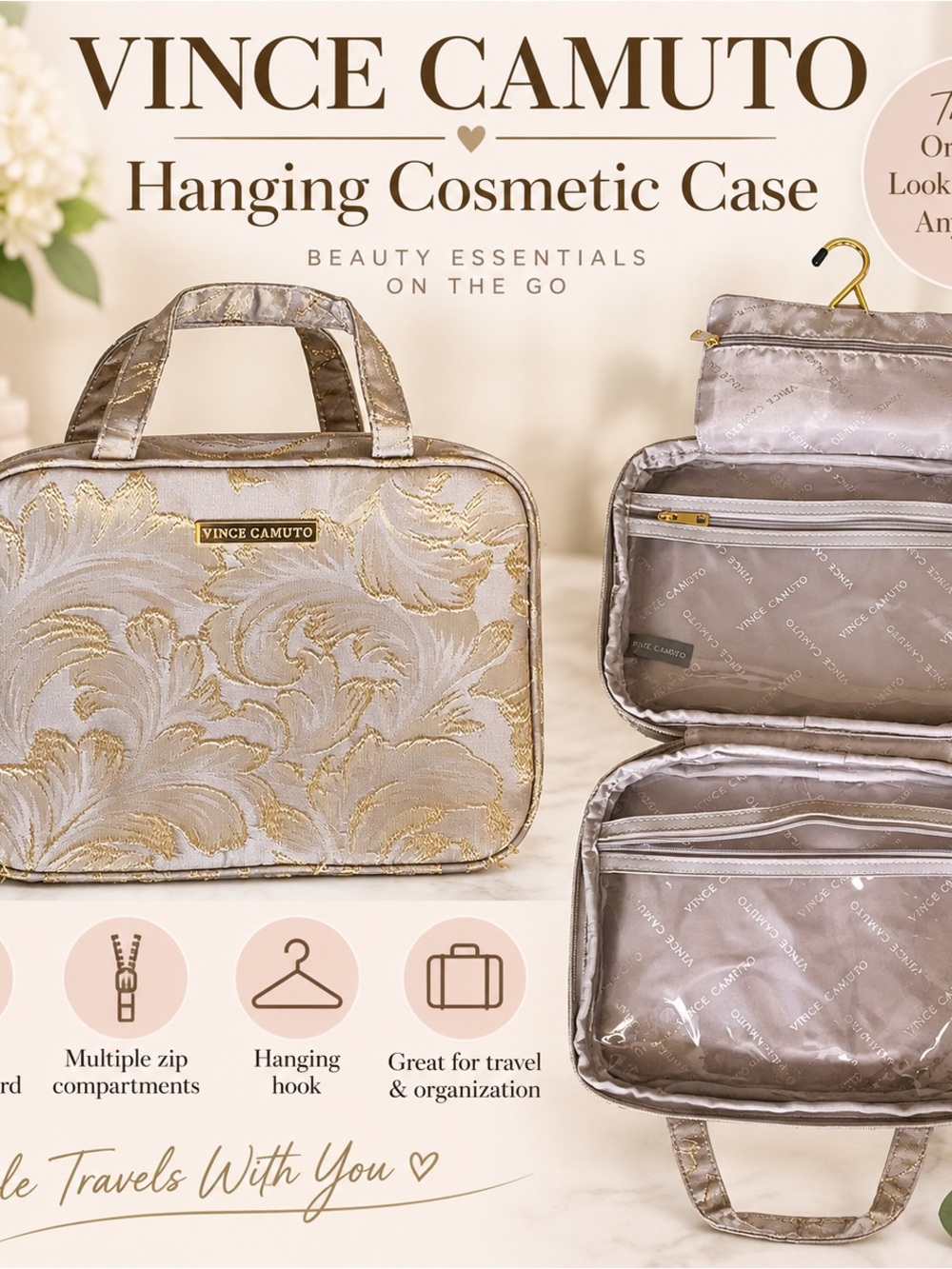 Vince Camuto Metallic Gold Floral Hanging Cosmetic Case